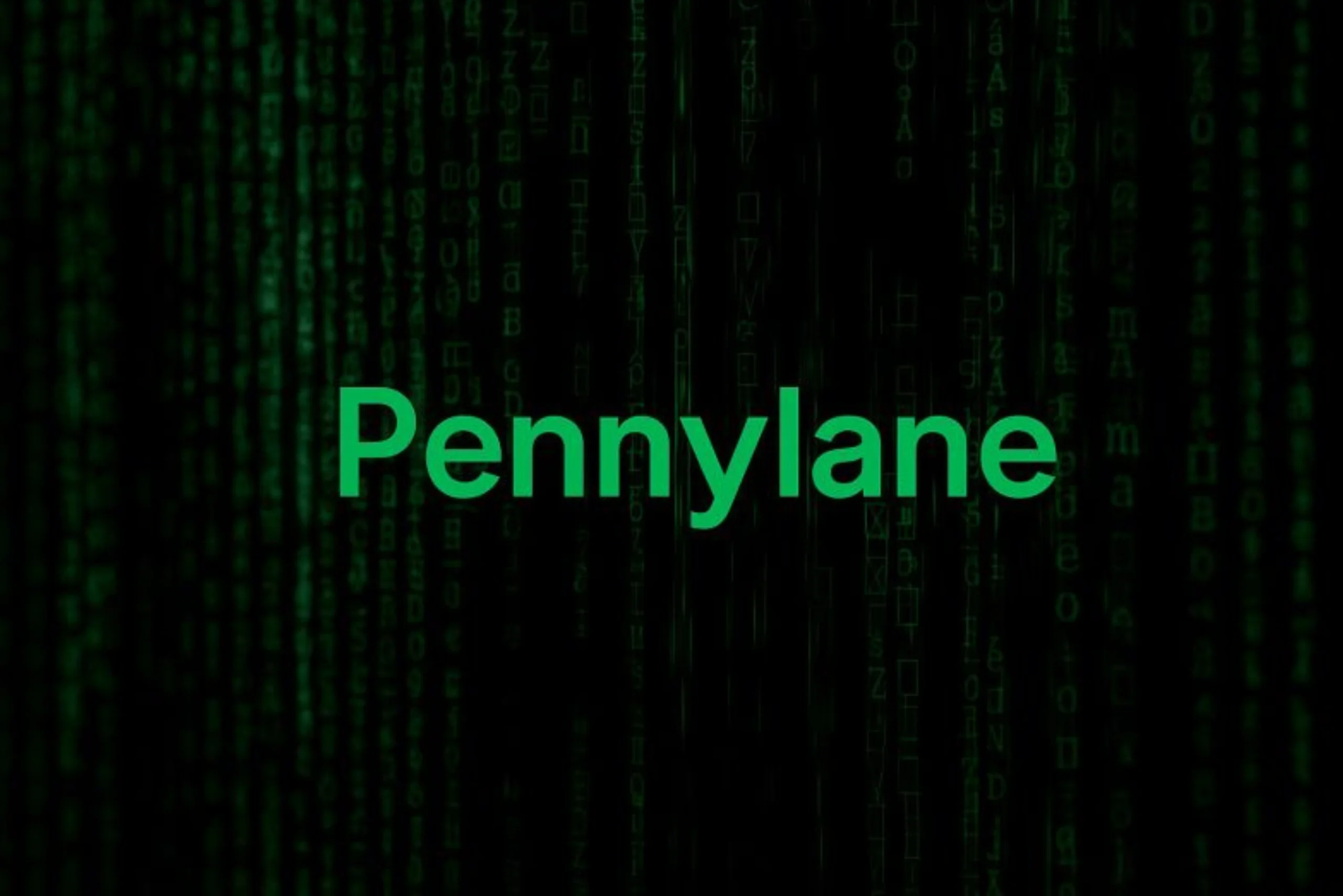 Une image avec le mot "Pennylane" en vert sur un fond noir rempli de code binaire vert, rappelant une esthétique cyberpunk.