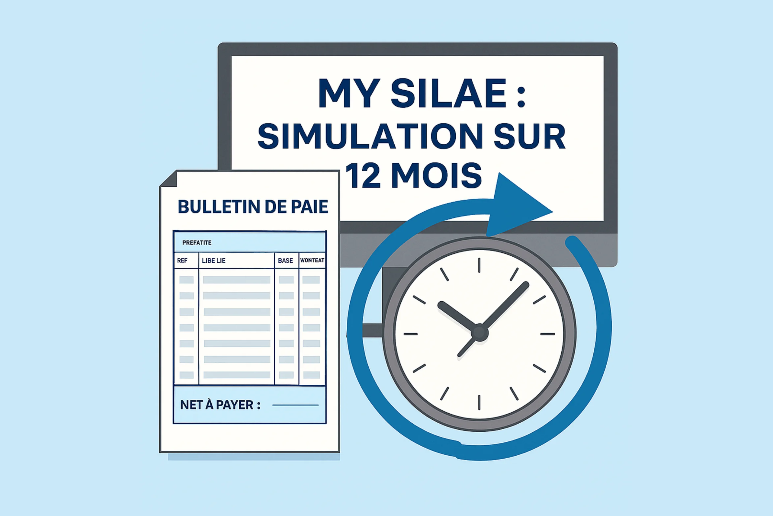 Illustration promotionnelle de la nouvelle fonctionnalité My Silae : un bulletin de paie détaillé, un écran d'ordinateur affichant "My Silae : simulation sur 12 mois", et une horloge symbolisant le gain de temps pour les gestionnaires de paie.