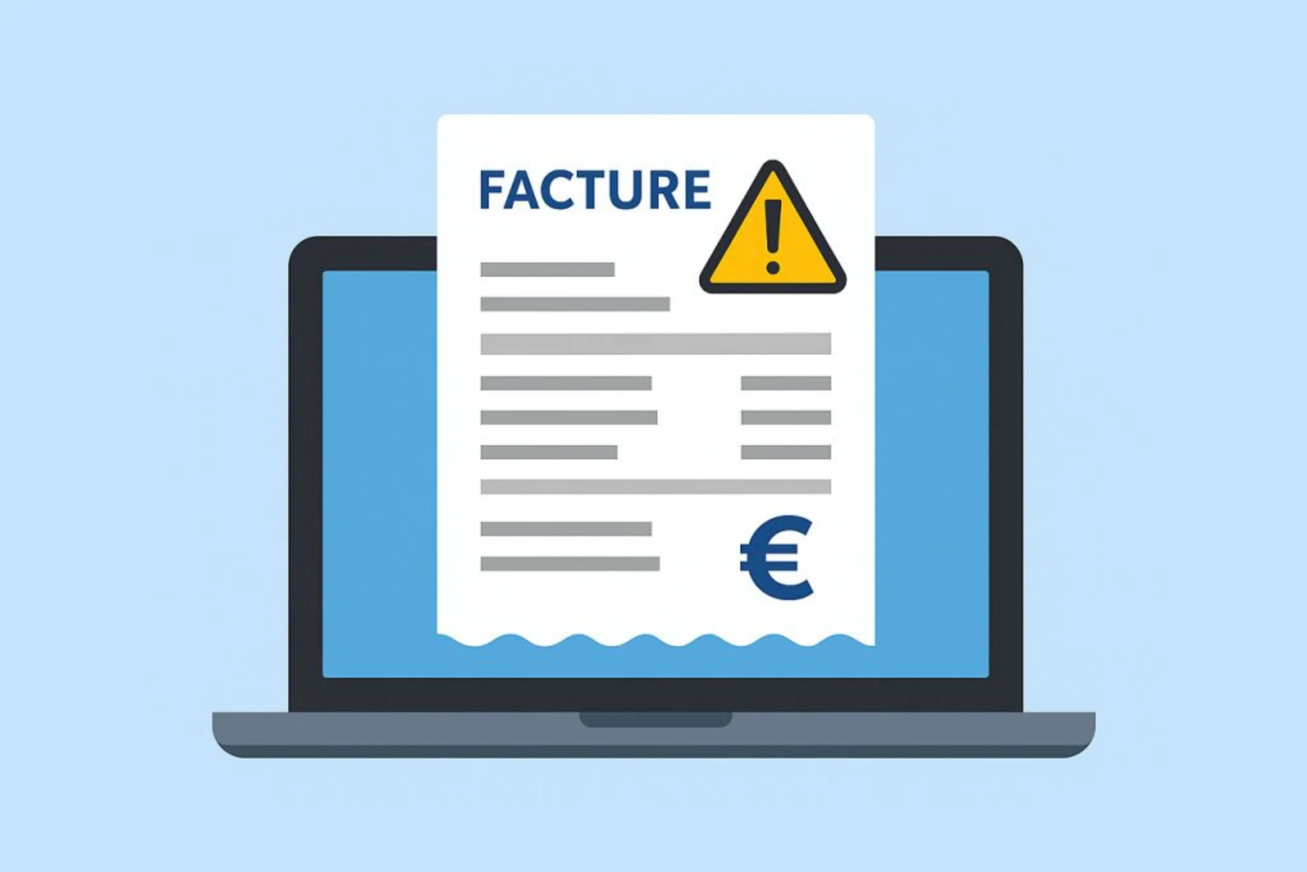 Image d’un ordinateur portable affichant une facture électronique avec un triangle d’avertissement rouge superposé, contenant un point d’exclamation. L’image illustre l’urgence de se conformer à la réforme de la facturation électronique de 2026 pour éviter des sanctions et des perturbations.