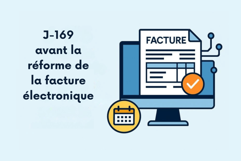 Illustration indiquant J-169 avant la réforme de la facture électronique avec une icône d'ordinateur et de calendrier.
