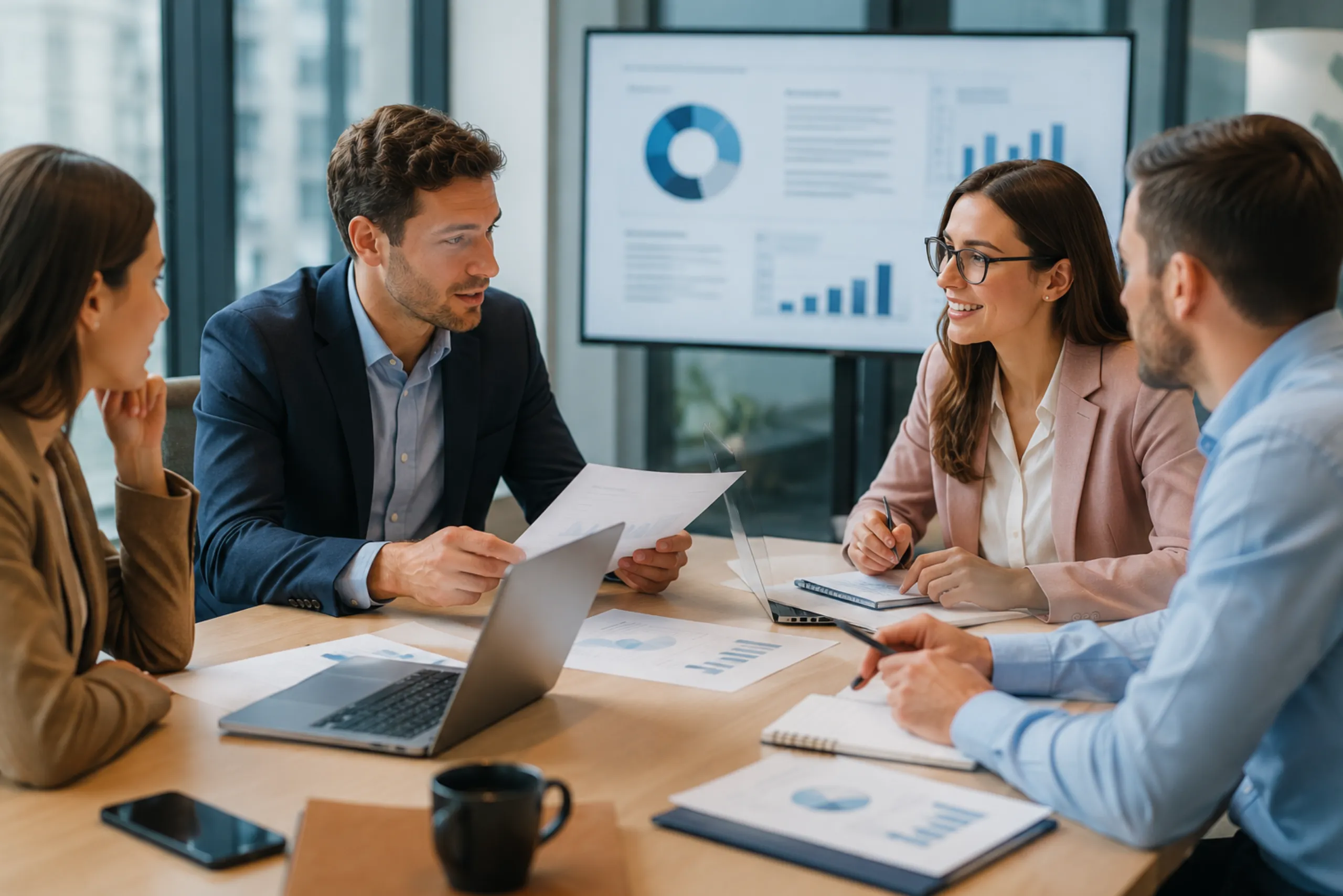 Une réunion d'équipe professionnelle au bureau, où des collaborateurs analysent des graphiques et des documents financiers sur une table et un écran, illustrant l'adaptation des entreprises à la réforme de la facture électronique.