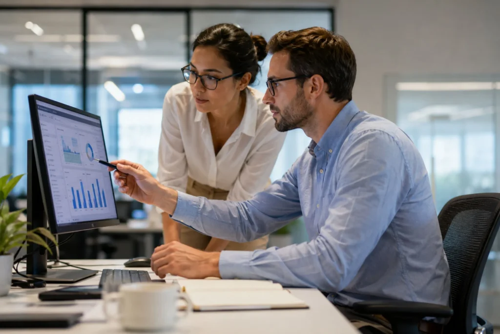 Collaborateurs analysant des données et des indicateurs de performance sur un logiciel ERP dans un bureau moderne.