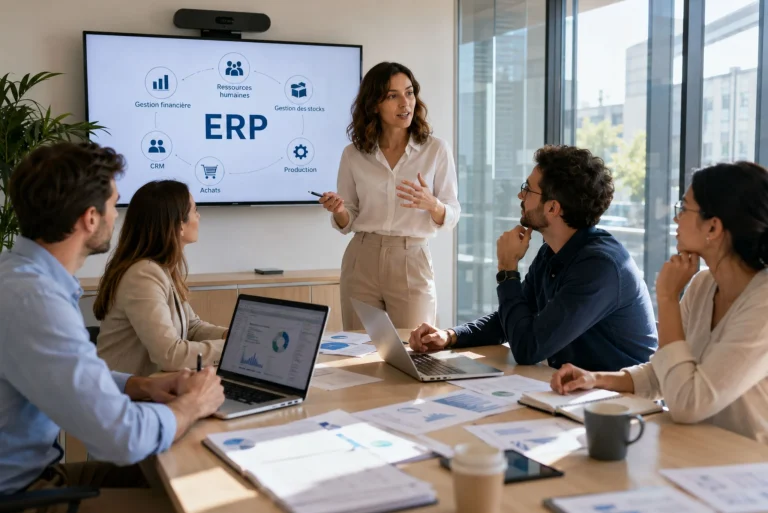 Réunion d’équipe autour d’un projet ERP dans une salle de conférence moderne avec présentation des processus métier et de la transformation numérique.