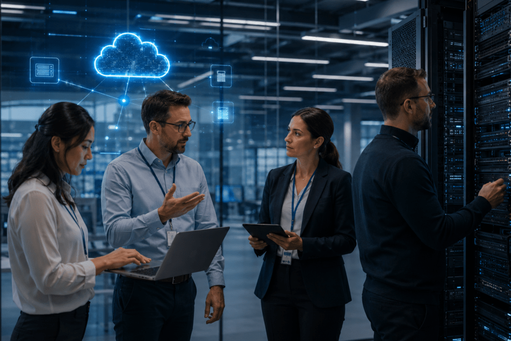 Professionnels IT travaillant dans une salle de serveurs pour comparer l’infrastructure cloud et on-premise.