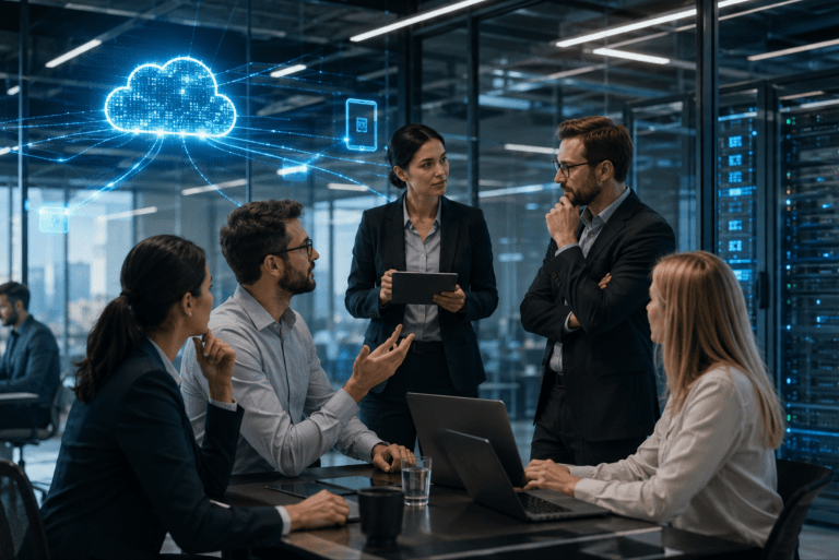 Équipe professionnelle analysant les solutions d’hébergement cloud et on-premise pour les données d’entreprise.