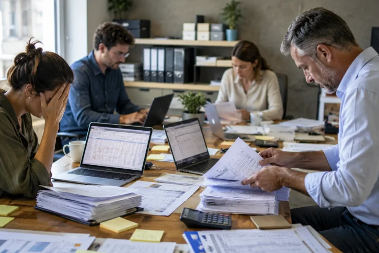 Équipe en entreprise confrontée à une gestion manuelle avec fichiers Excel, documents papier et facturation complexe.