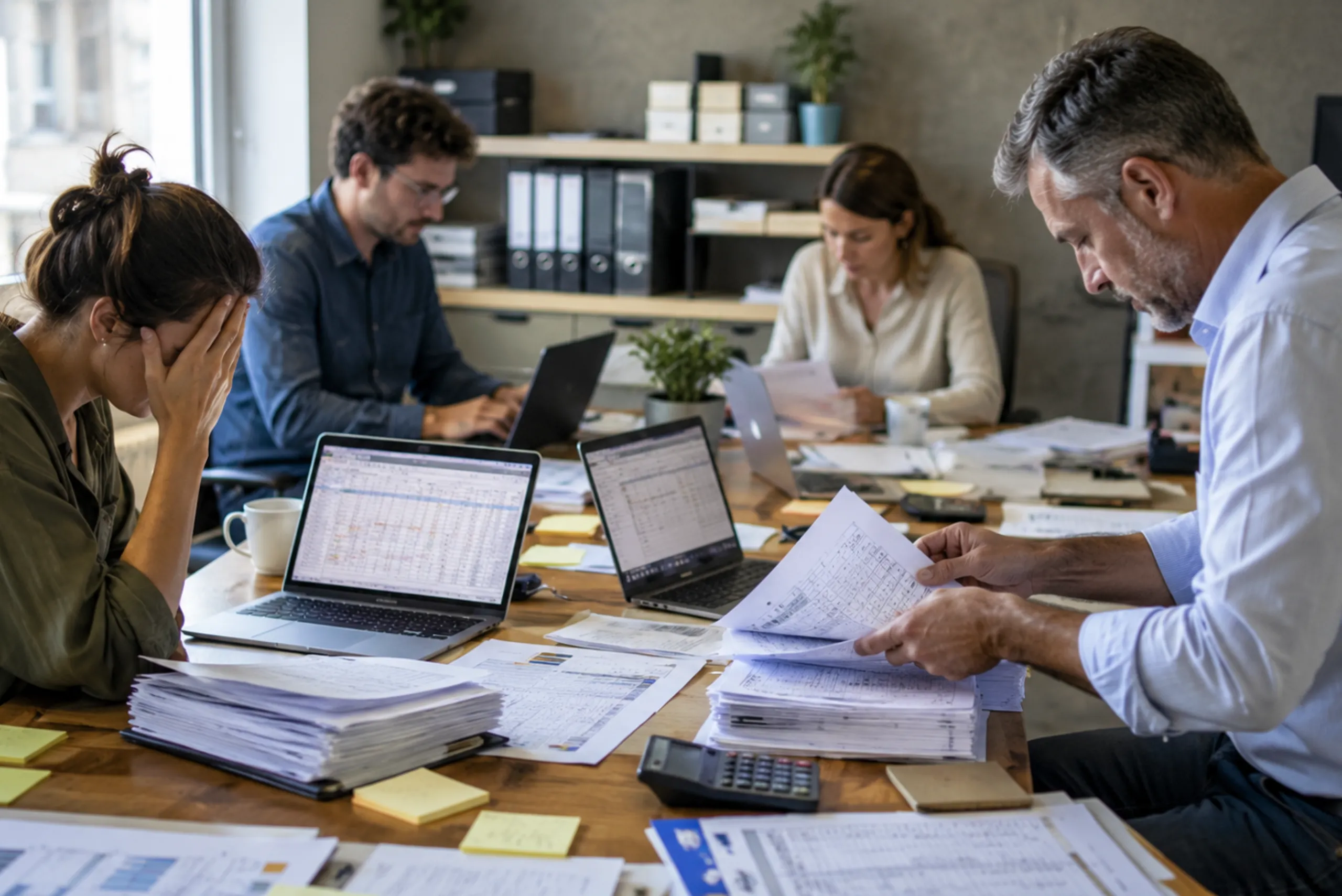 Équipe en entreprise confrontée à une gestion manuelle avec fichiers Excel, documents papier et facturation complexe.
