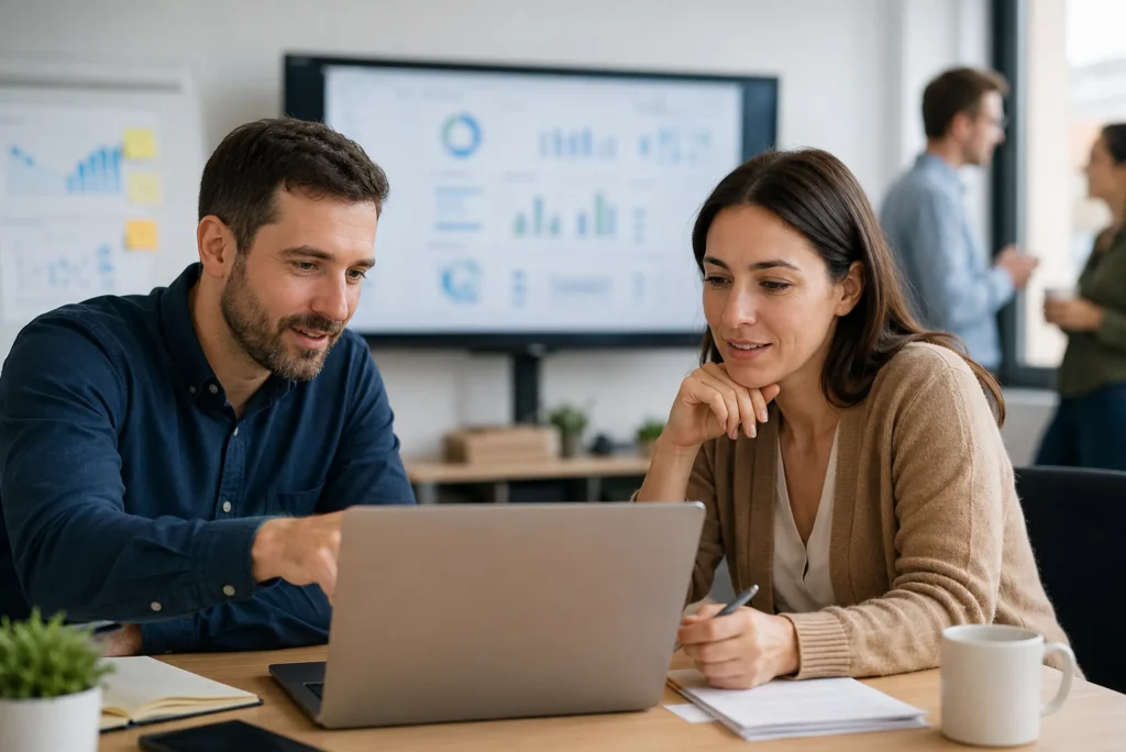 Deux collaborateurs travaillent sur un ordinateur pour optimiser la gestion et le suivi d’entreprise