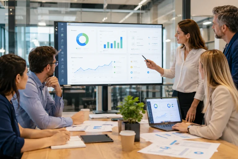 Équipe en réunion analysant un tableau de bord pour centraliser la gestion d’entreprise dans un seul outil
