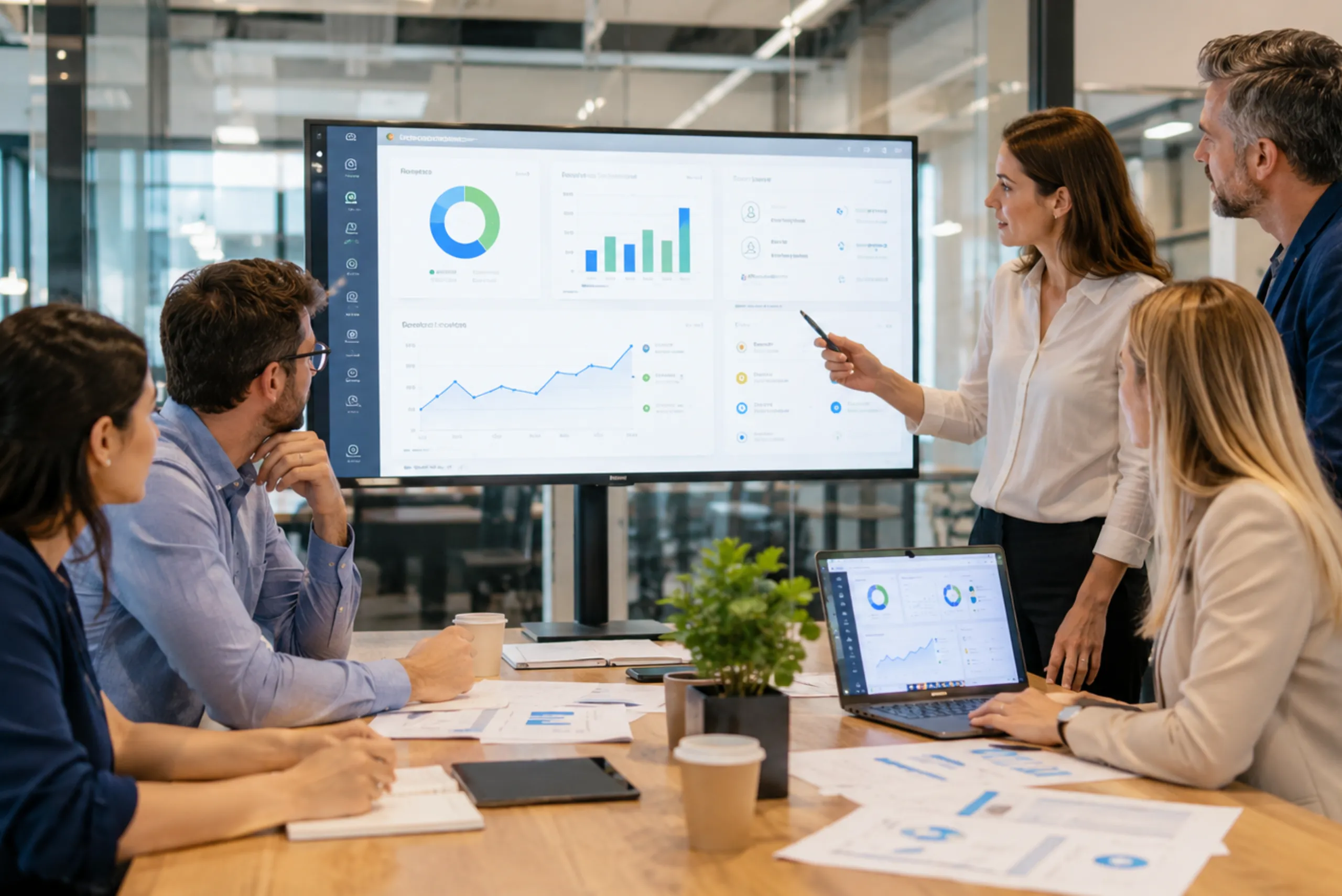 Équipe en réunion analysant un tableau de bord pour centraliser la gestion d’entreprise dans un seul outil
