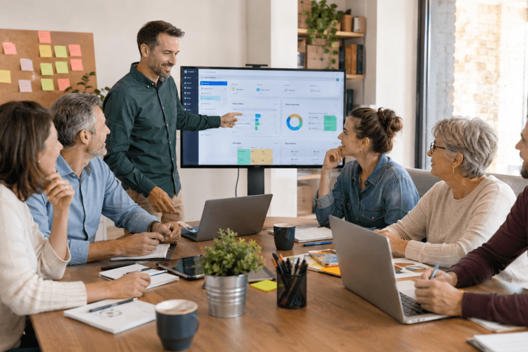 Équipe d’une PME accompagnée lors d’une réunion sur la transition numérique