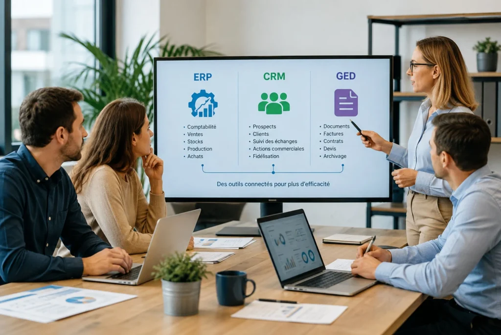 Présentation des différences entre ERP, CRM et GED à une équipe en entreprise