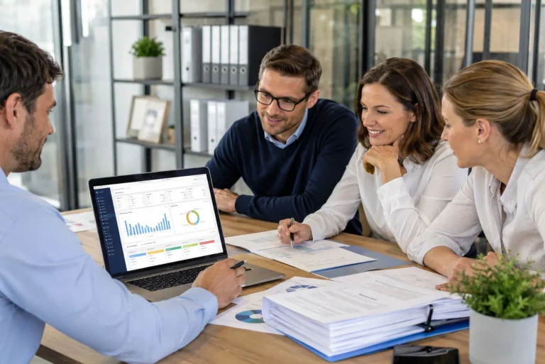 Équipe de PME en réunion autour d’un tableau de bord ERP, CRM et GED