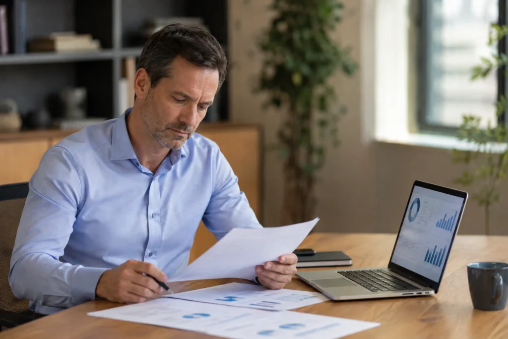 Manager analysant un rapport de performance et des indicateurs KPI sur ordinateur portable dans son bureau