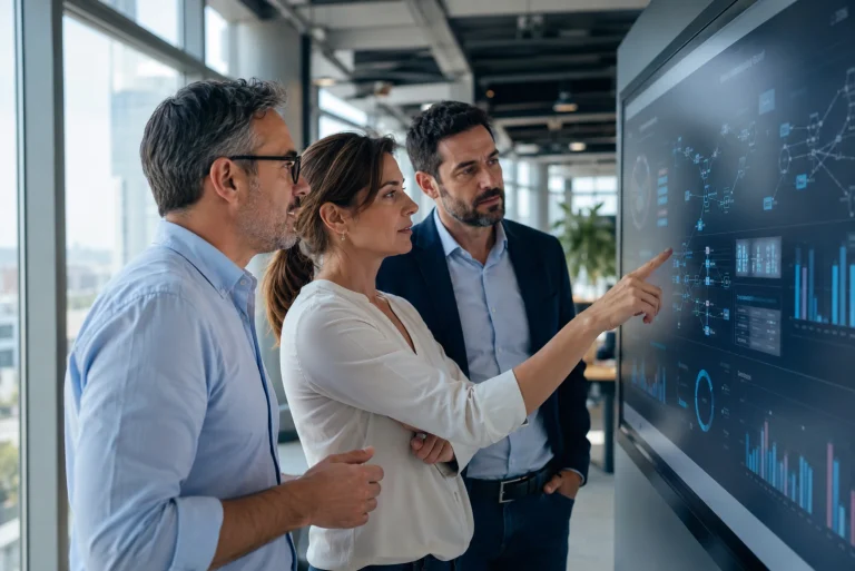 Trois professionnels en entreprise analysant des tableaux de bord numériques sur un écran interactif dans un bureau moderne
