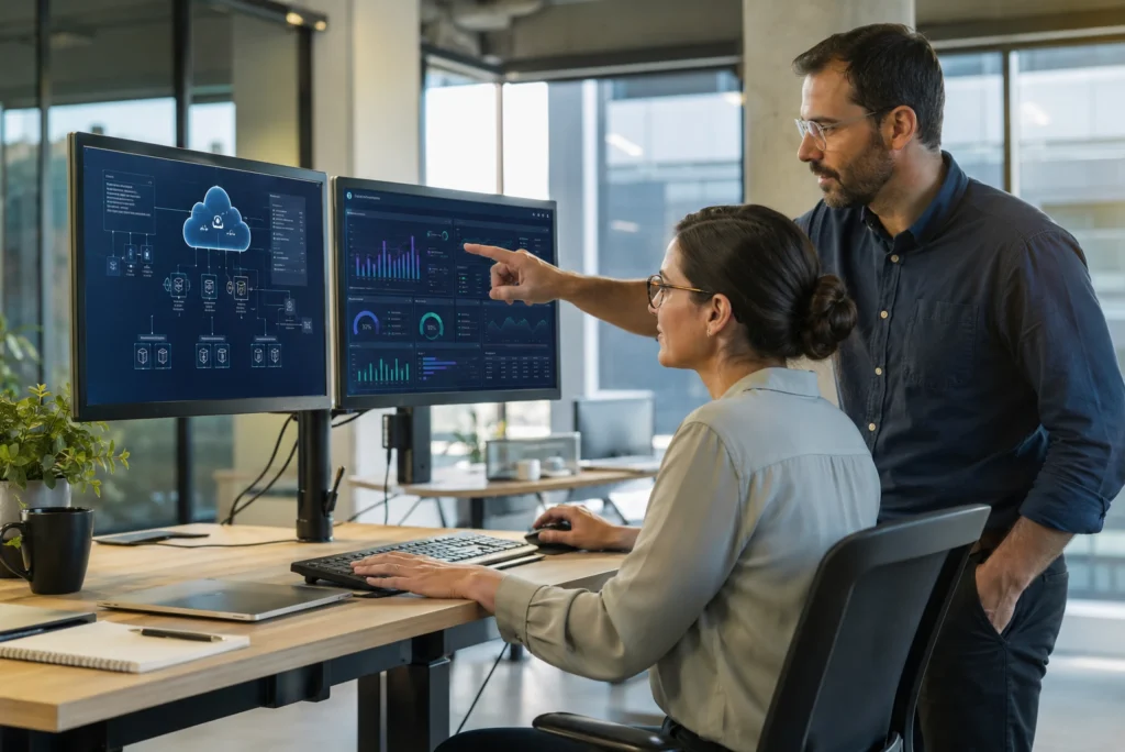 Une responsable informatique et son collègue examinent des tableaux de bord cloud et d'analytique sur deux écrans dans un bureau lumineux